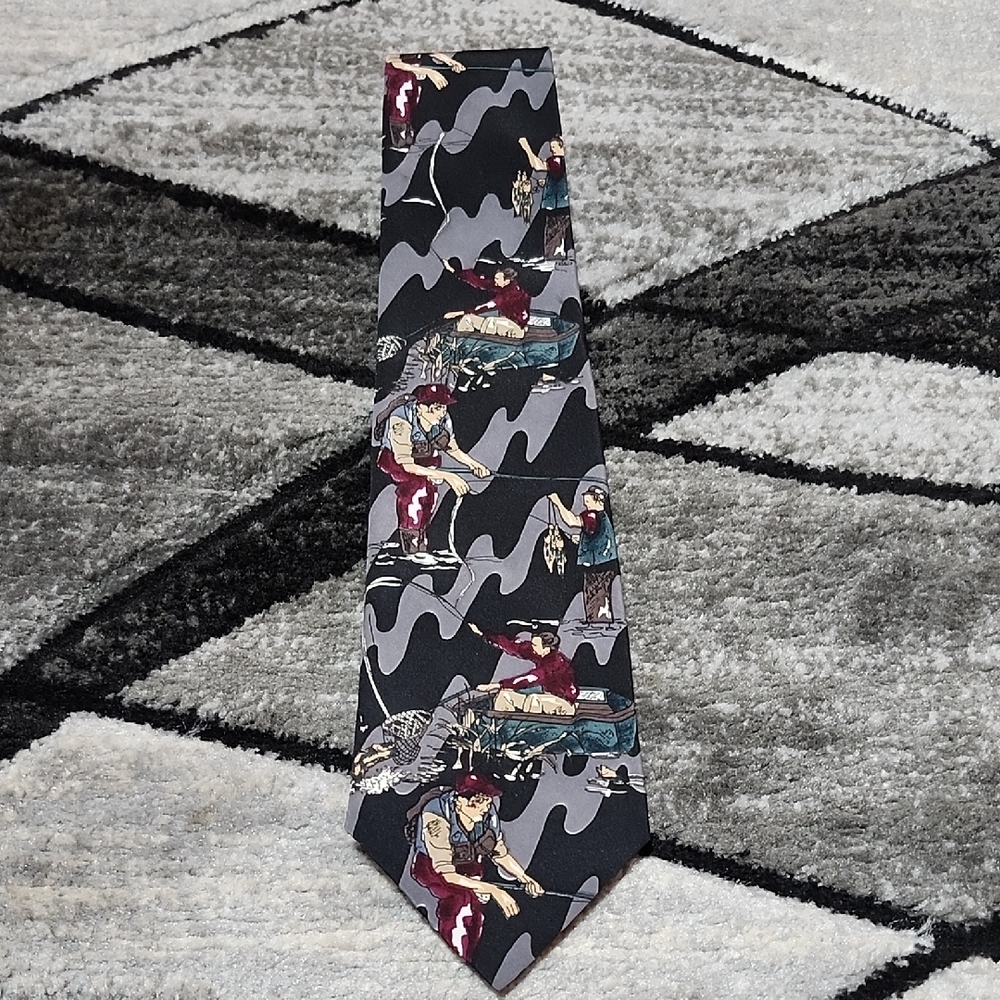 VINTAGE AMERICAN SPORTS FISHING SCENE OUTDOOR NECK TIE